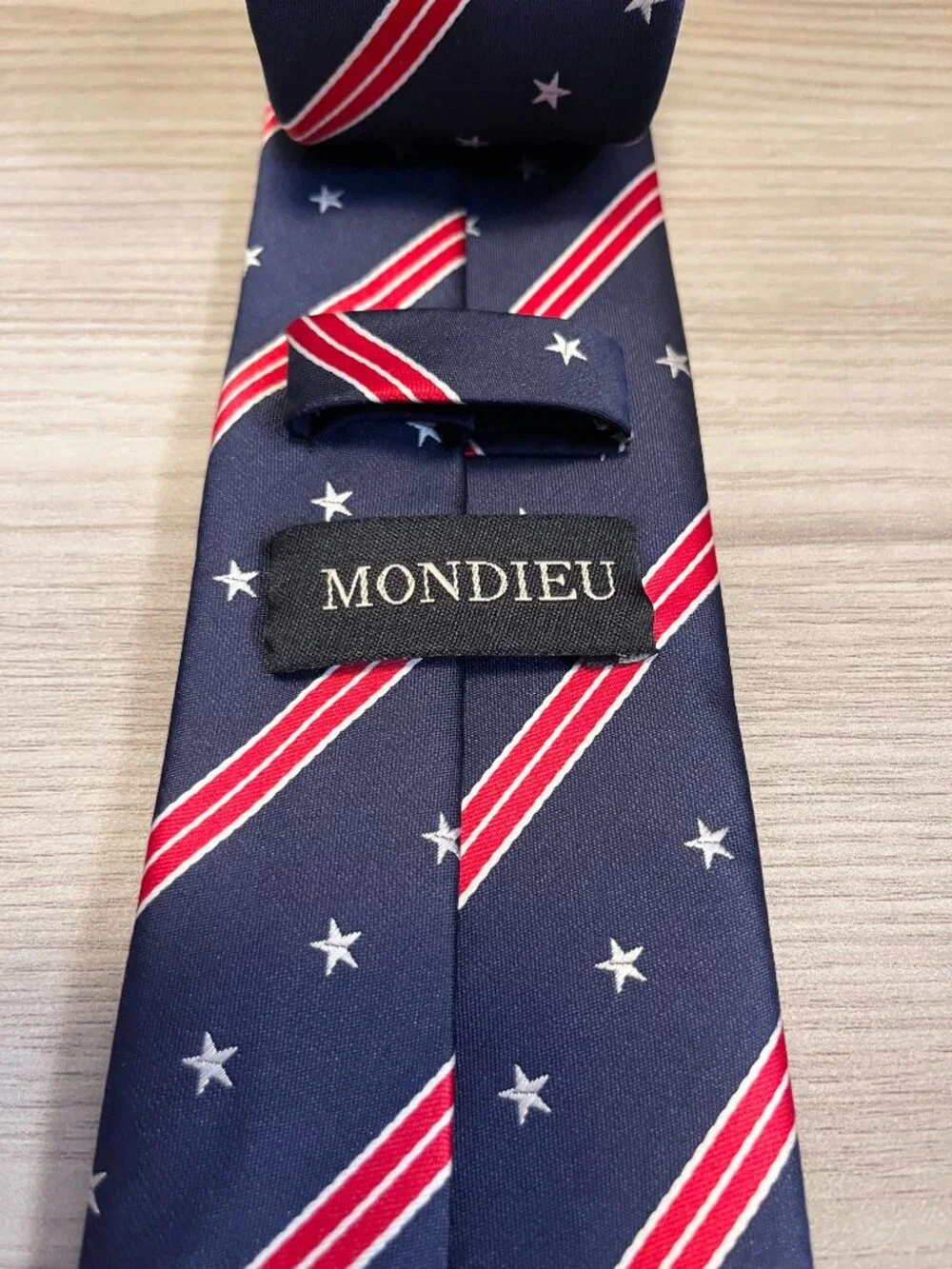 Mondieu Men's 100% Silk Tie Navy Red White Stars Stripes Patriotic Necktie